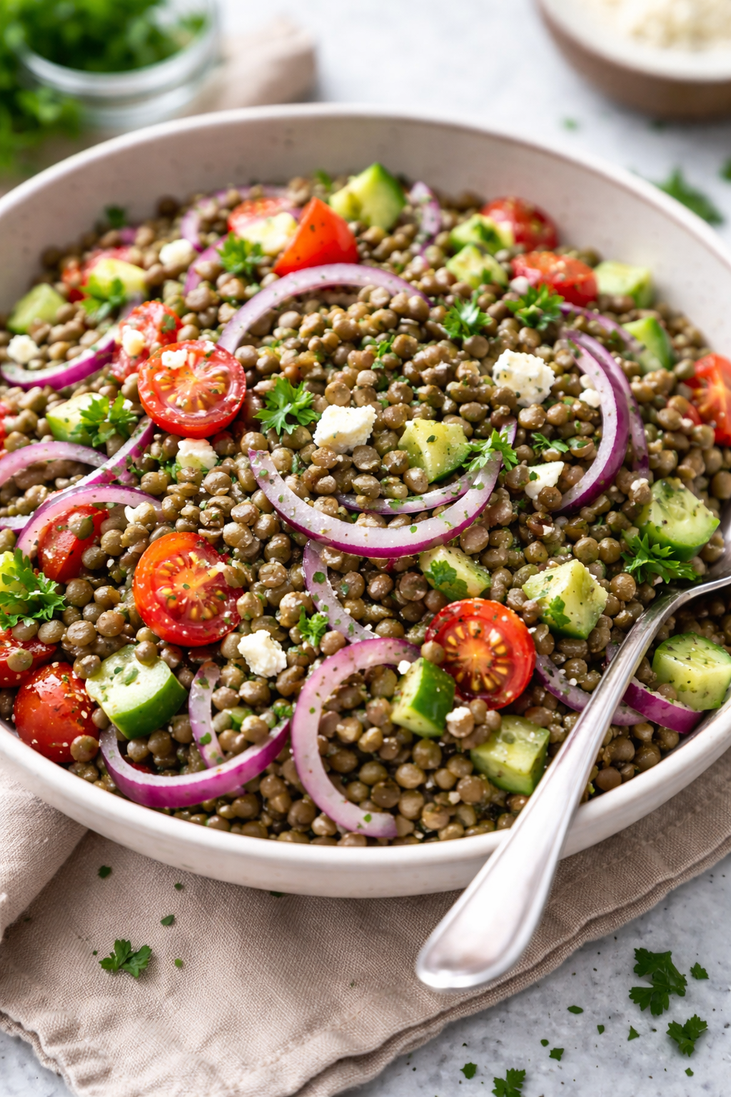 Plat de lentilles vertes pour illustrer une recette riche en fer