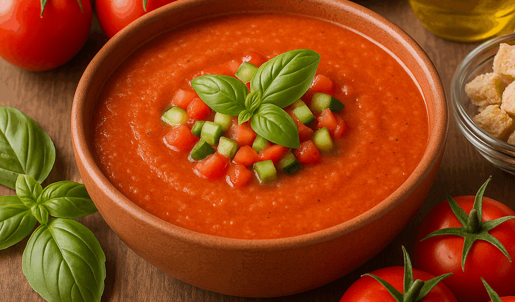 Un gaspacho à la tomate dans un bol en terre cuite pou rillustrer une recette naturopathique d'été