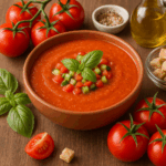 Un gaspacho à la tomate dans un bol en terre cuite pou rillustrer une recette naturopathique d'été