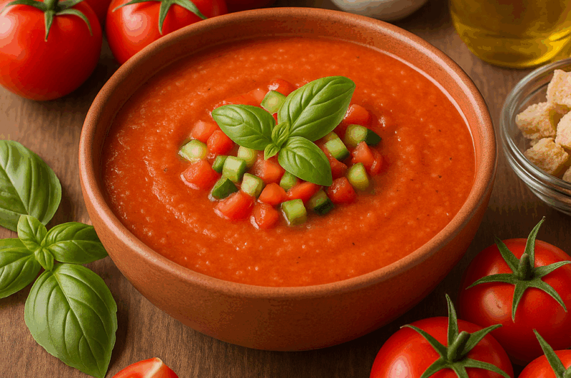 Un gaspacho à la tomate dans un bol en terre cuite pou rillustrer une recette naturopathique d'été