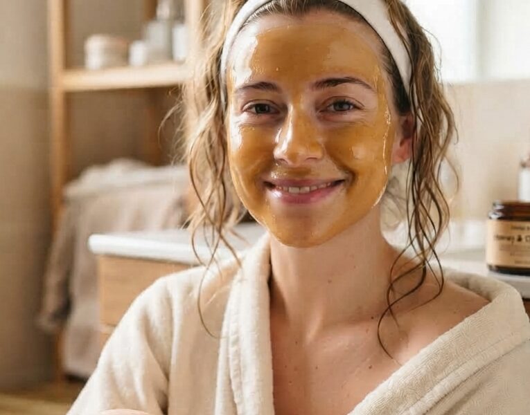 Image IA d'une jeune femme souriante avec un masque de visage au miel, illustrant une recette de cosmétiques 100% naturels