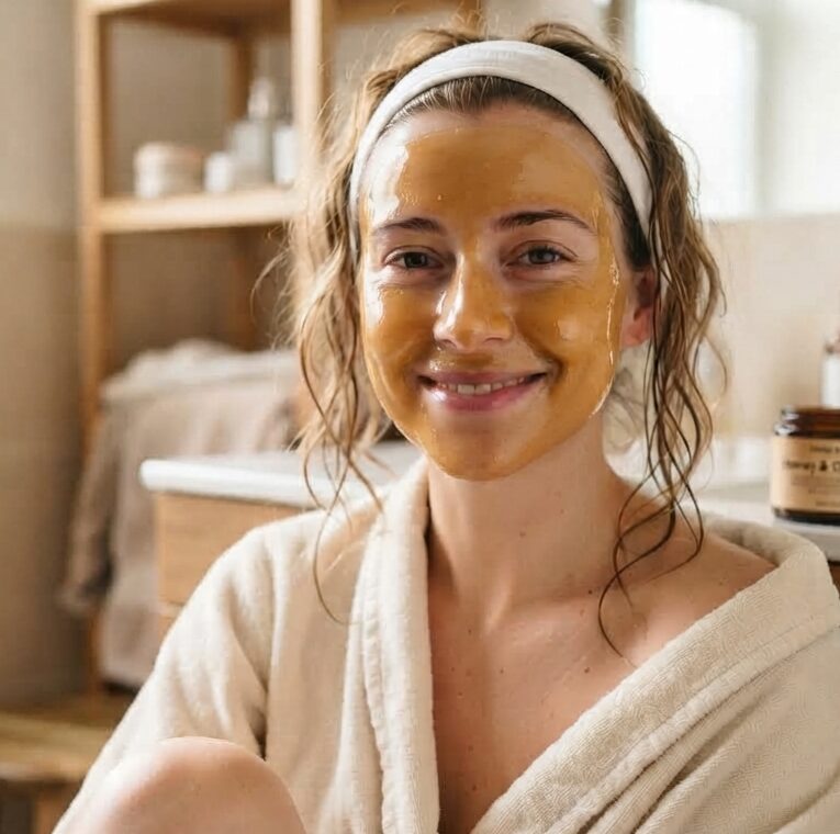 Image IA d'une jeune femme souriante avec un masque de visage au miel, illustrant une recette de cosmétiques 100% naturels