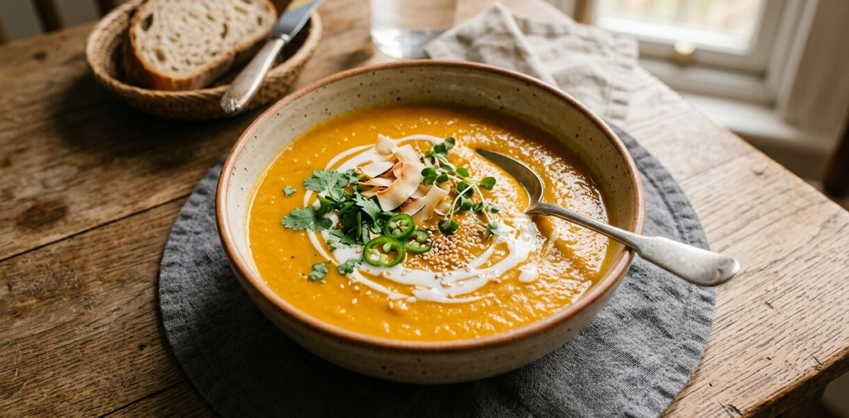 Bol de soupe carottes, coco, gingembre. Recette de naturopathe