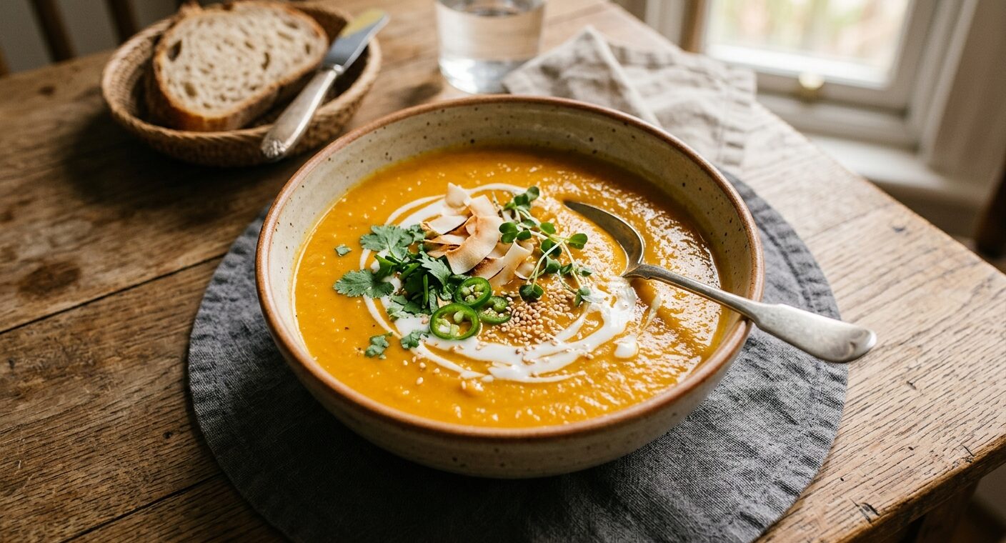 Bol de soupe carottes, coco, gingembre. Recette de naturopathe