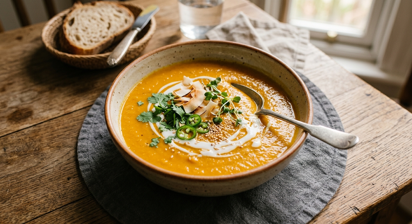 Bol de soupe carottes, coco, gingembre. Recette de naturopathe